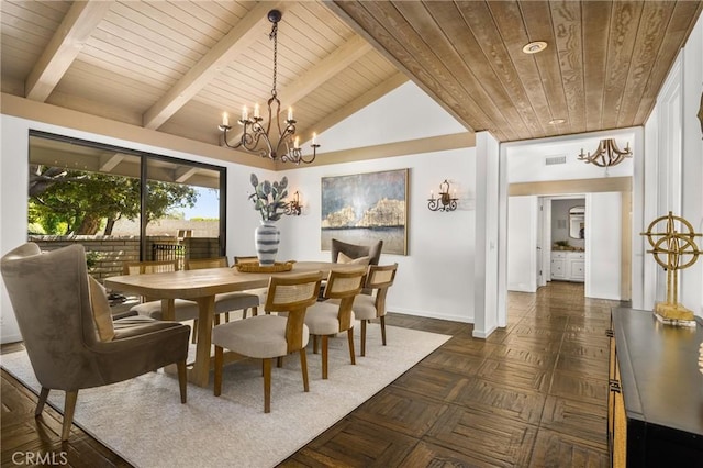 dining room featuring wood ceiling, an inviting chandelier, lofted ceiling with beams, and dark parquet floors