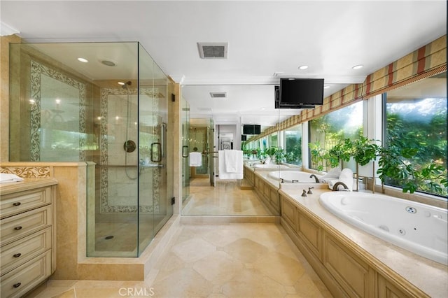 bathroom featuring vanity and independent shower and bath