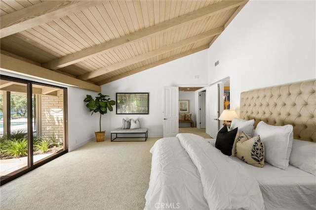 bedroom with access to exterior, beam ceiling, high vaulted ceiling, carpet floors, and wooden ceiling