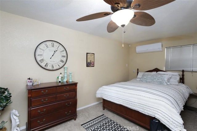 carpeted bedroom featuring ceiling fan and an AC wall unit