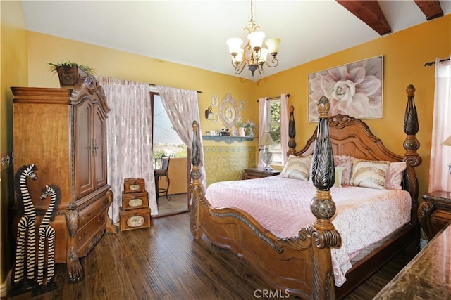 bedroom featuring an inviting chandelier, dark hardwood / wood-style floors, and beamed ceiling