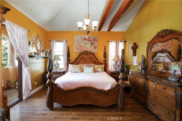 bedroom with vaulted ceiling with beams, dark hardwood / wood-style floors, and a chandelier