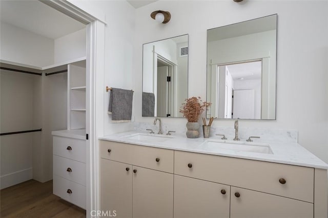 bathroom with vanity and hardwood / wood-style floors