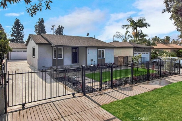 ranch-style home with a porch, a garage, and a front yard