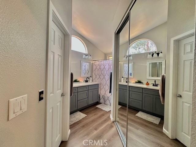 bathroom with vaulted ceiling, plenty of natural light, hardwood / wood-style flooring, and curtained shower