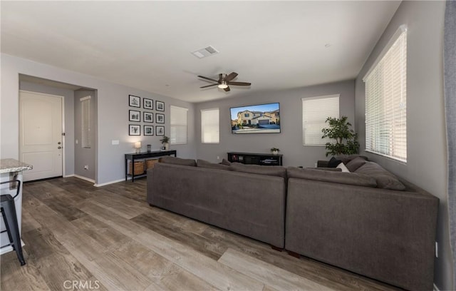 living room featuring ceiling fan and wood-type flooring