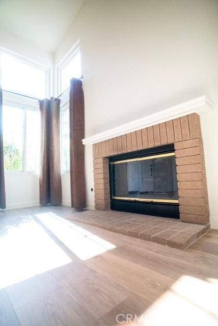 interior details with wood-type flooring and a fireplace