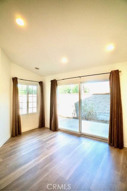 spare room with a wealth of natural light, hardwood / wood-style floors, and lofted ceiling