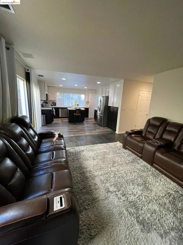 living room with dark hardwood / wood-style flooring and a healthy amount of sunlight