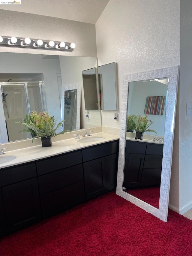 bathroom with a shower with shower door and vanity