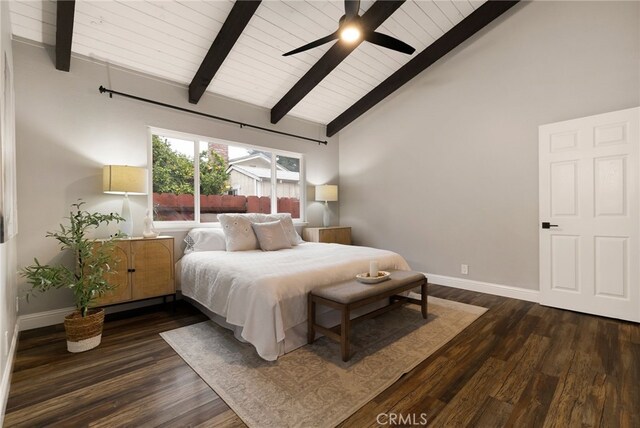 bedroom featuring ceiling fan, dark hardwood / wood-style flooring, and high vaulted ceiling