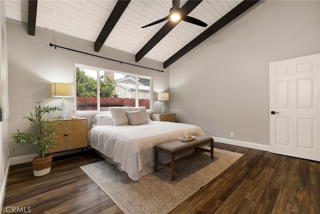 bedroom with dark wood-type flooring, ceiling fan, beam ceiling, and high vaulted ceiling