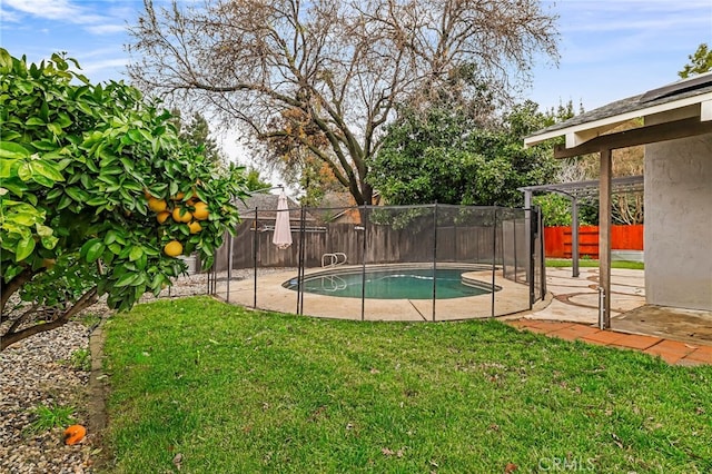 view of swimming pool with a yard and a pergola