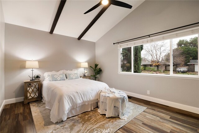 bedroom featuring beamed ceiling, high vaulted ceiling, hardwood / wood-style floors, and ceiling fan