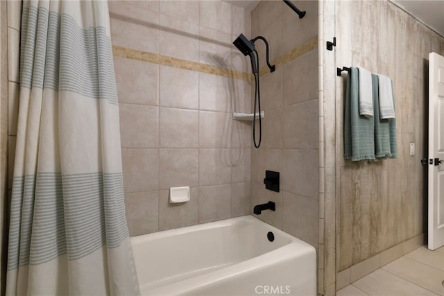 bathroom with shower / bath combination with curtain and tile patterned floors