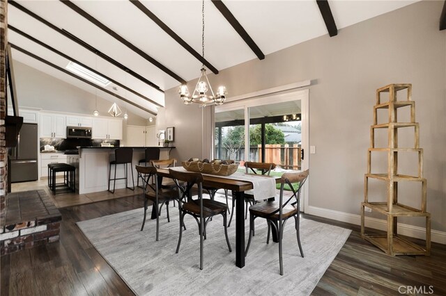 dining space featuring beam ceiling, high vaulted ceiling, a notable chandelier, and dark hardwood / wood-style flooring