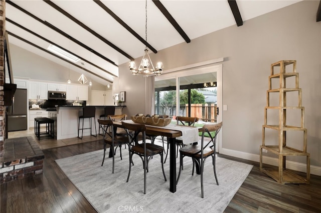 dining space with beamed ceiling, an inviting chandelier, dark hardwood / wood-style flooring, and high vaulted ceiling