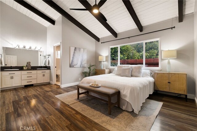 bedroom featuring sink, ensuite bath, ceiling fan, high vaulted ceiling, and dark hardwood / wood-style floors