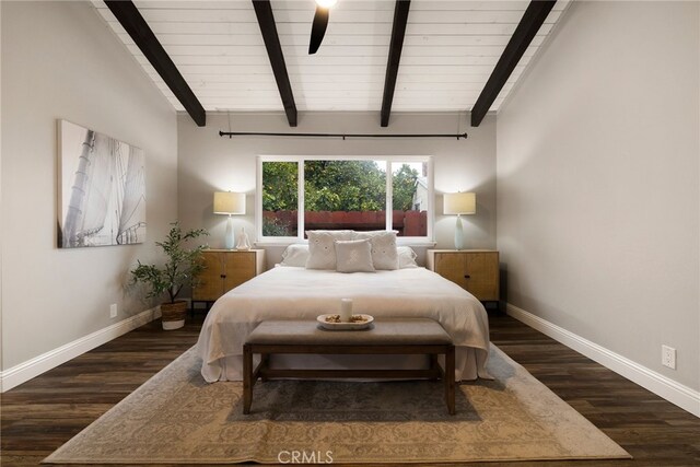 bedroom featuring dark hardwood / wood-style floors and lofted ceiling with beams