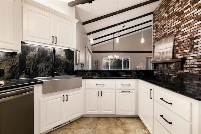 kitchen with white cabinetry, backsplash, vaulted ceiling with beams, and dishwasher