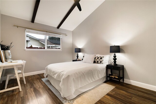 bedroom with vaulted ceiling with beams and dark wood-type flooring