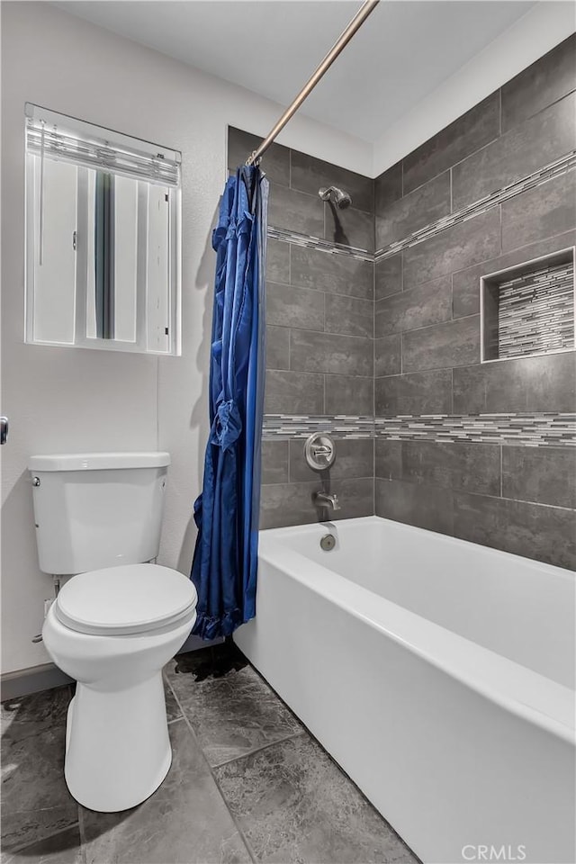 bathroom with toilet and shower / bathtub combination with curtain