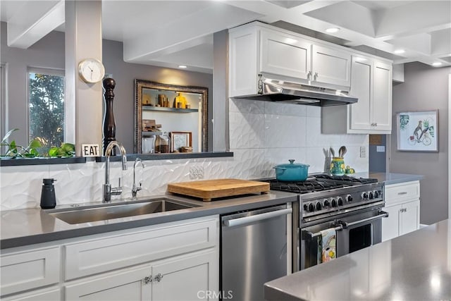 kitchen with under cabinet range hood, decorative backsplash, white cabinets, stainless steel appliances, and a sink