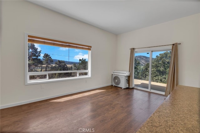 interior space with a mountain view and dark wood-type flooring