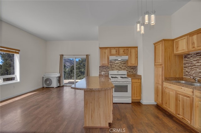 kitchen with decorative backsplash, sink, hanging light fixtures, white gas range, and a chandelier