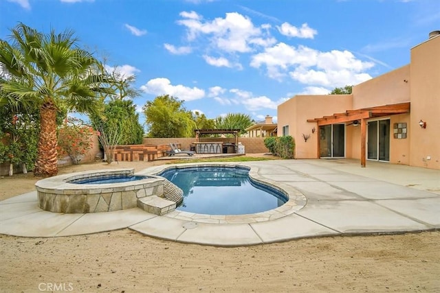 view of swimming pool with a pergola, a patio area, and an in ground hot tub