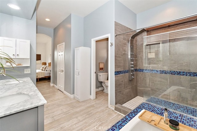 bathroom featuring wood-type flooring, toilet, vanity, and a tile shower