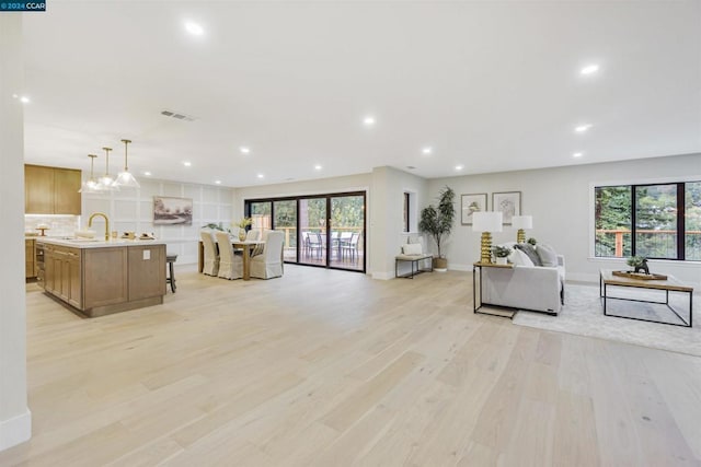 living room featuring sink, a wealth of natural light, and light hardwood / wood-style floors