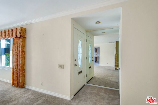 carpeted foyer with ornamental molding