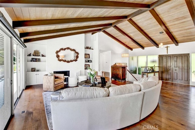 living room featuring wood ceiling, built in features, dark hardwood / wood-style floors, and lofted ceiling with beams