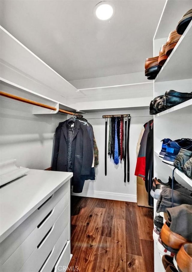 walk in closet featuring dark wood-type flooring