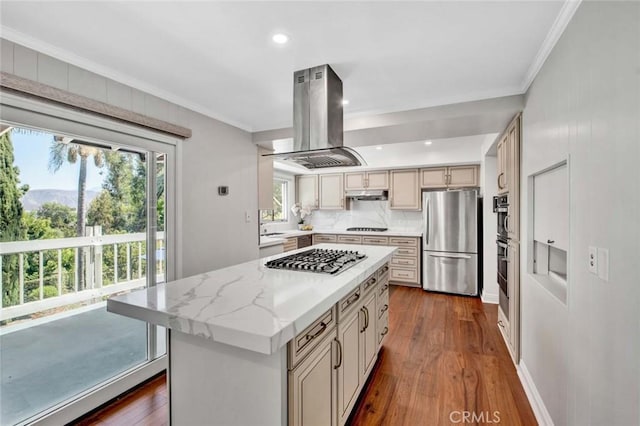 kitchen with appliances with stainless steel finishes, a kitchen island, ornamental molding, island range hood, and light stone counters