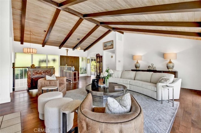 living room with high vaulted ceiling, dark wood-type flooring, beamed ceiling, and wooden ceiling