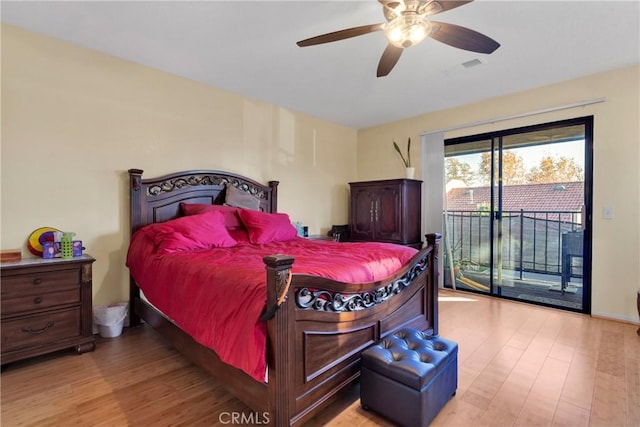 bedroom featuring ceiling fan, access to exterior, and light hardwood / wood-style floors