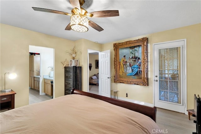 bedroom featuring ceiling fan, access to exterior, and light hardwood / wood-style floors