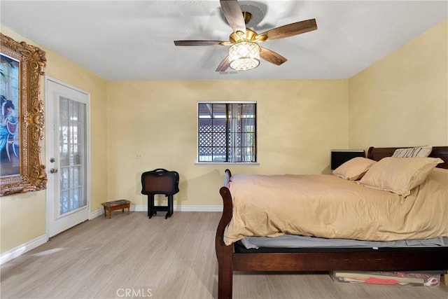 bedroom with ceiling fan and light hardwood / wood-style floors