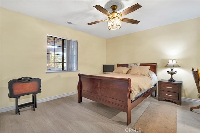 bedroom with ceiling fan and light wood-type flooring