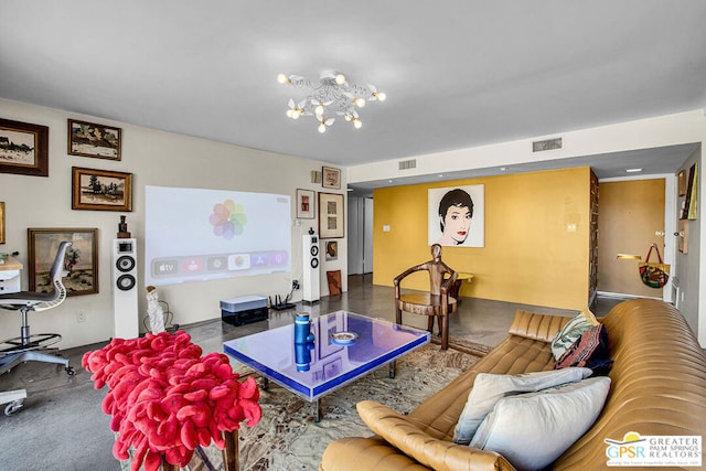 living room featuring a chandelier