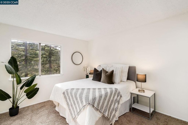 carpeted bedroom with a textured ceiling