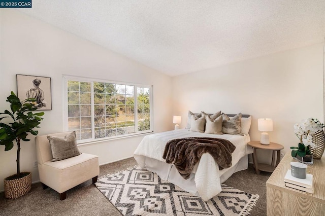 bedroom with carpet floors, a textured ceiling, and vaulted ceiling