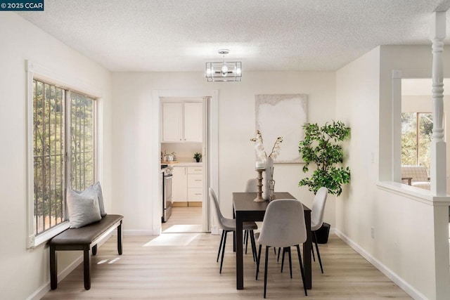 dining room with a textured ceiling, light hardwood / wood-style floors, and an inviting chandelier