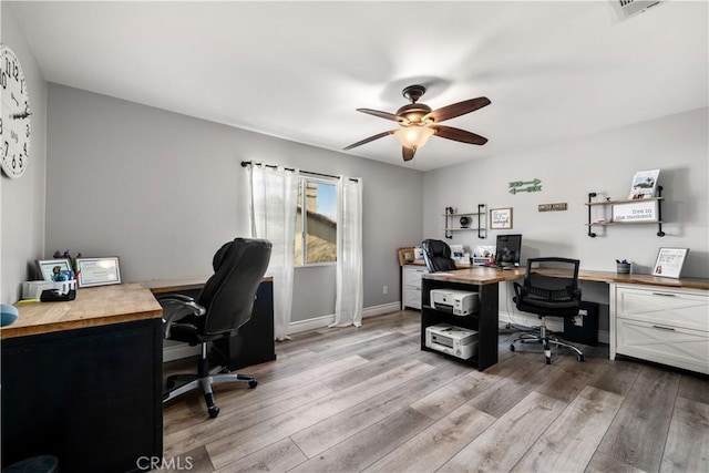 office space with ceiling fan and light hardwood / wood-style floors