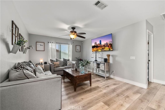 living room featuring ceiling fan and light hardwood / wood-style floors