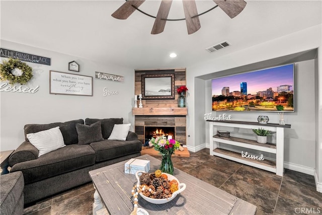 living room with a fireplace