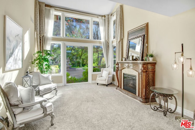 sitting room featuring a premium fireplace and carpet