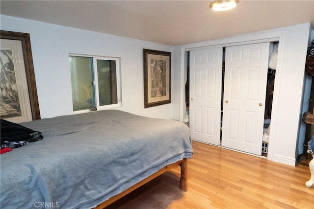 bedroom with light wood-type flooring and a closet